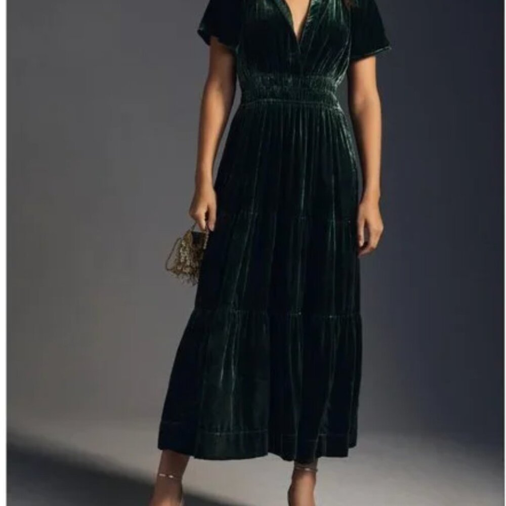 Anthropologie Somerset Maxi Forest Green Velvet Dress Size Large Christmas Dress